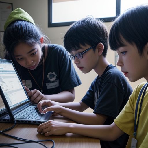 A group of diverse students working on a coding project together in a bright and colorful classroom, with a smiling instructor guiding them